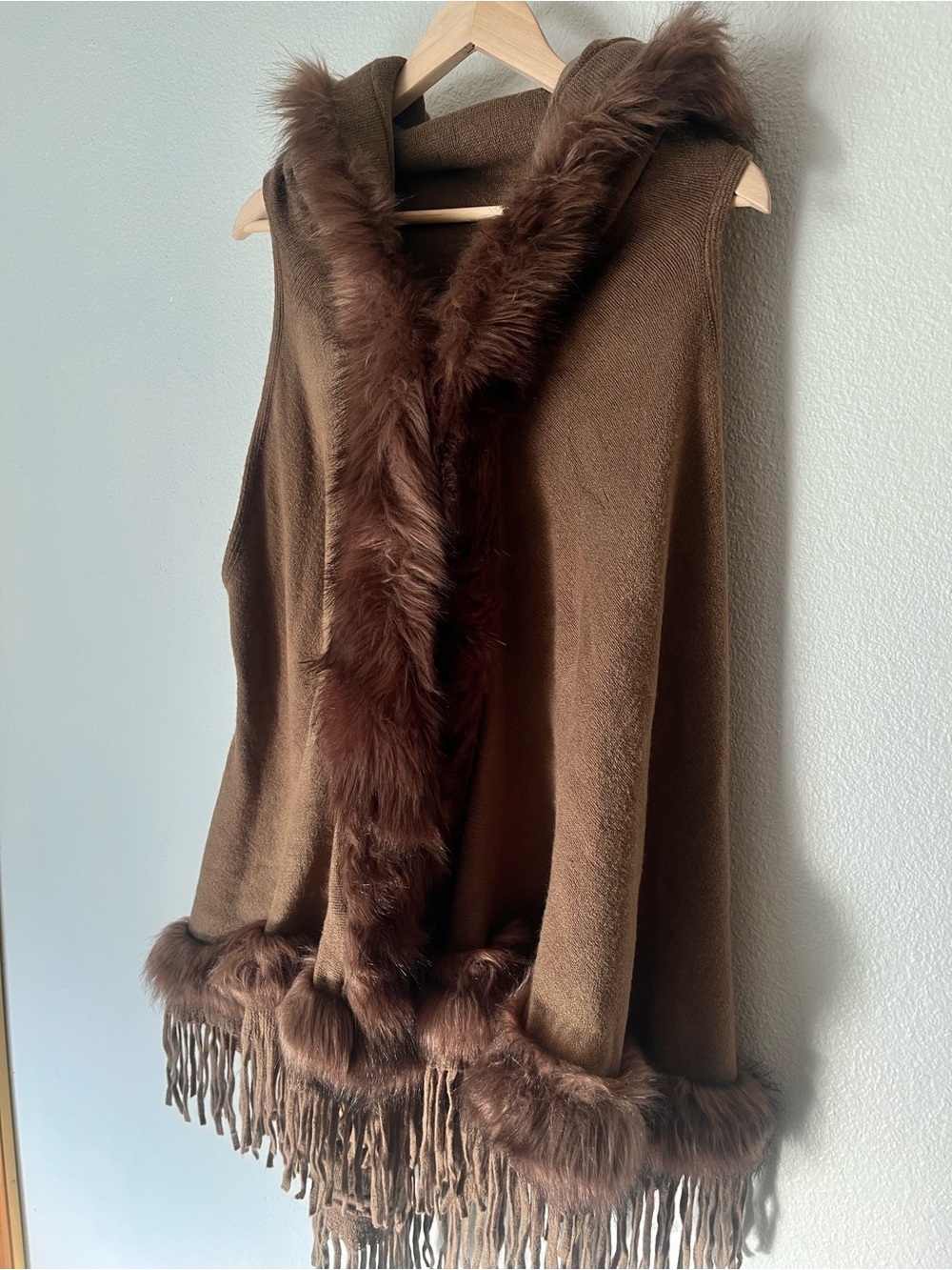 Plush Faux-Fur Trim Hooded Cape - Brown